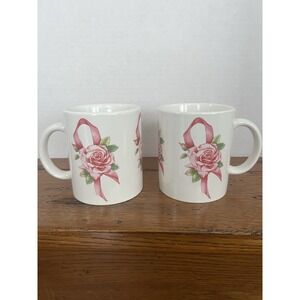 Lot- 2 VTG 1997 Avon Breast Cancer Awareness Crusade Pink Ribbon Rose Mug 10oz